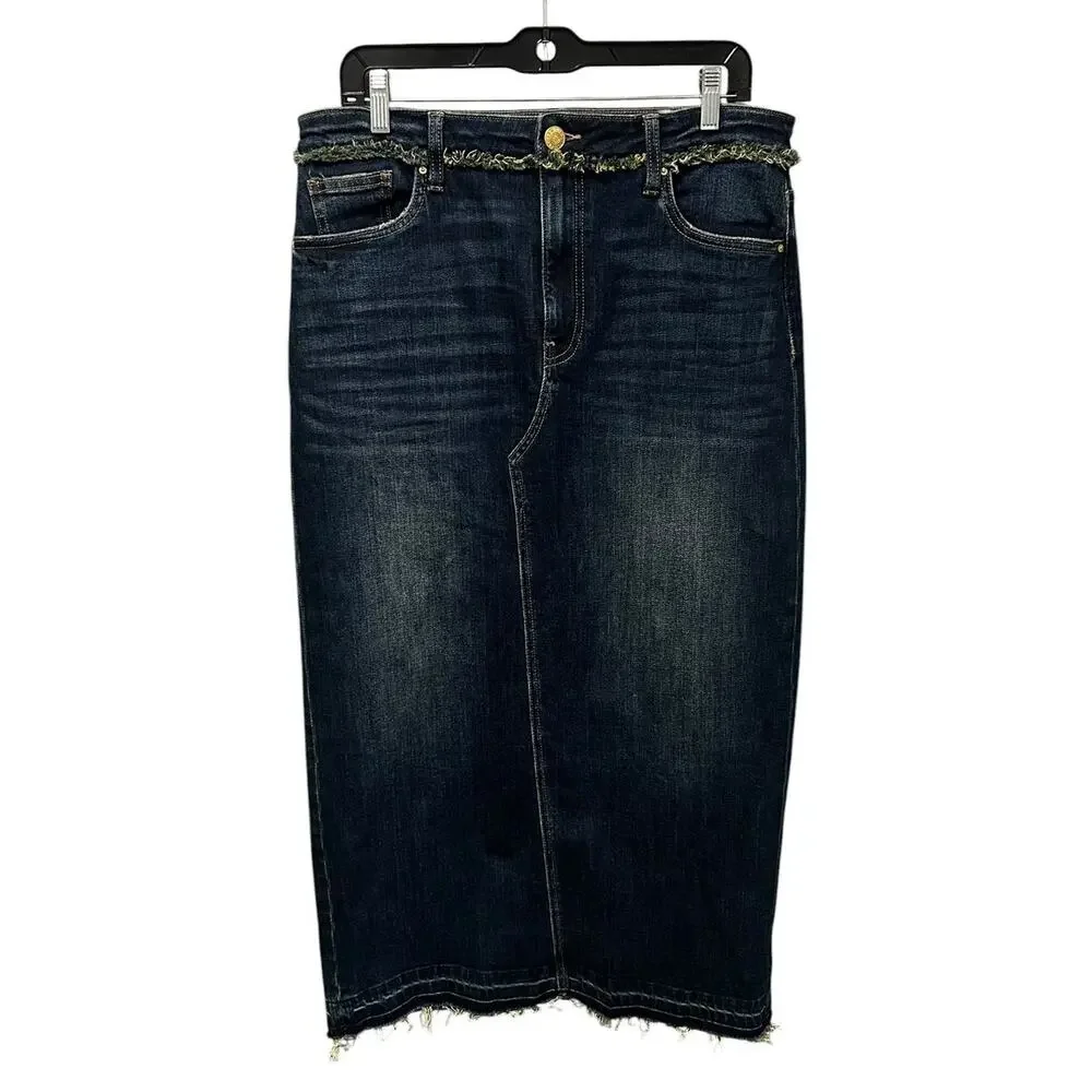 Kut Kelly Dark Wash Denim Raw Hem Fringe Trim 5 Pocket Midi Skirt Womens 10